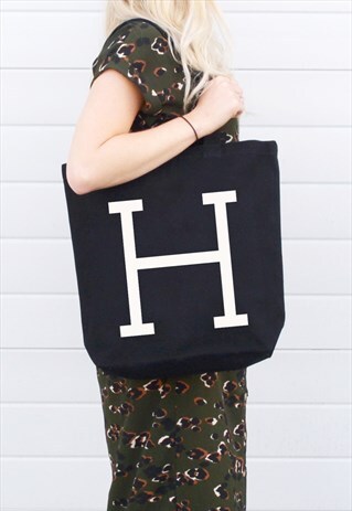 INITIAL BLACK CANVAS TOTE BAG