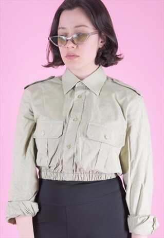 VINTAGE REWORKED CROP SHIRT IN BEIGE WITH SHOULDER DETAILS