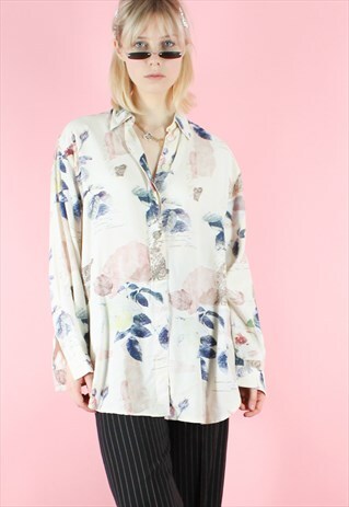VINTAGE 90S SHIRT BLOUSE FLORAL WHITE Y2K CREAM PASTEL PRINT