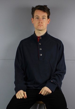 VINTAGE TOMMY HILFIGER BUTTON UP SWEATSHIRT IN NAVY BLUE WIT