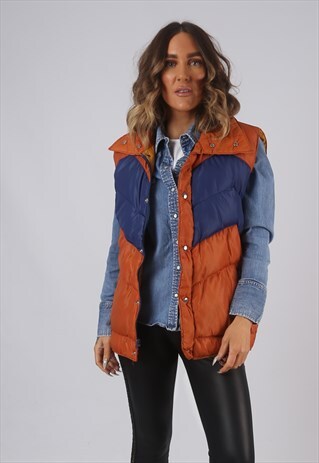 VINTAGE GILET JACKET FITTED ORANGE BLUE UK 14 (DLAF)