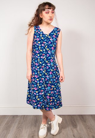 VINTAGE 90'S BLUE FLORAL PATTERN MIDI DRESS