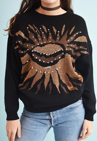 80'S RETRO SEQUINED FLORAL PATTERN MOMS KNIT JUMPER