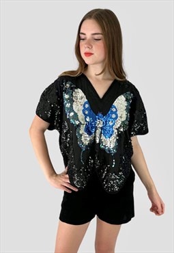 70's Vintage Black Blue Sequin Ladies Butterfly Top