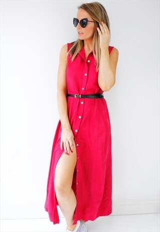 VINTAGE 80'S RED SLEEVELESS BUTTON UP MAXI SHIRT DRESS