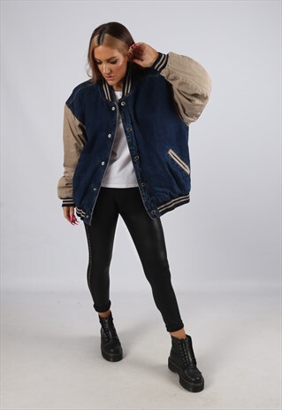 VINTAGE DENIM BOMBER JACKET OVERSIZED VARSITY UK 16 (B3S)