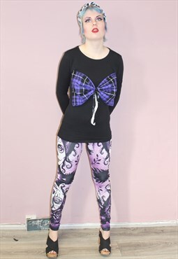 Black purple tartan bow christmas top long sleeve punk rock
