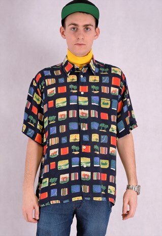 MENS VINTAGE 90S SHORT SLEEVE COLORFUL ABSTRACT SHIRT