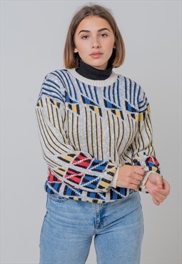 Vintage 80s Knit Pattern Jumper Sweatshirt in Small Multi
