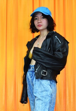 VINTAGE 90S LEATHER JACKET BLACK BIKER CROPPED BOLERO