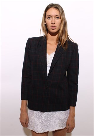 VINTAGE 1980'S 80'S NAVY WOOL PLAID BLAZER SUIT JACKET M-L