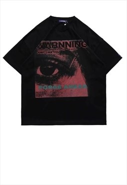 Warning print t-shirt stared eye tee punk poster top black