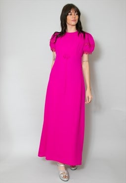 70's Pink Ladies Vintage Short Puff Sleeve Maxi Dress