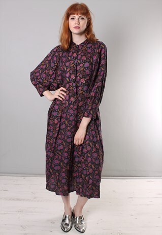 VINTAGE 80S FLORAL PATTERNED BATWING BUTTON PLEAT DRESS