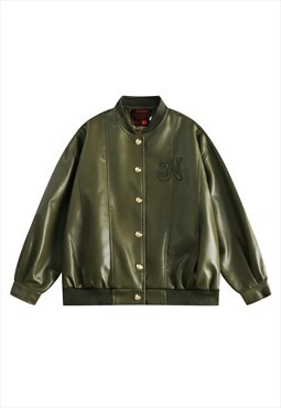 Faux leather varsity jacket retro wash PU bomber in green