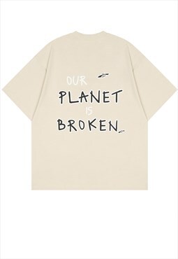 Broken planet t-shirt Y2K space slogan tee in cream