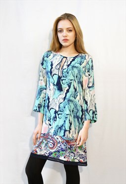 Green Floral Print Three Quarters Sleeves Holiday dress