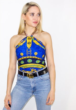 VINTAGE SILK VERSACE 90'S BACKLESS GOLD CHAIN HALTER TOP