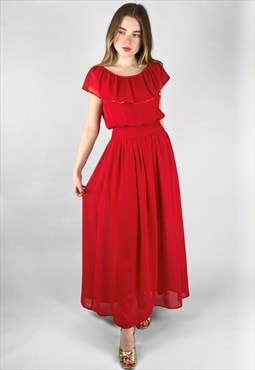 70's Vintage Red Sheer Ruffle Ladies Maxi Dress