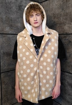 Polka dot fleece gilet handmade sleeveless hood jacket cream