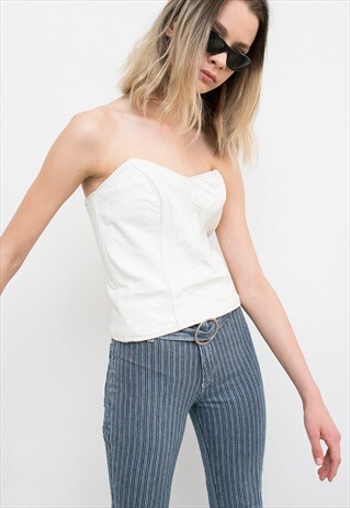 VINTAGE CORSET TOP ZIP UP SIDE SLEEVELESS WHITE FESTIVAL 90S