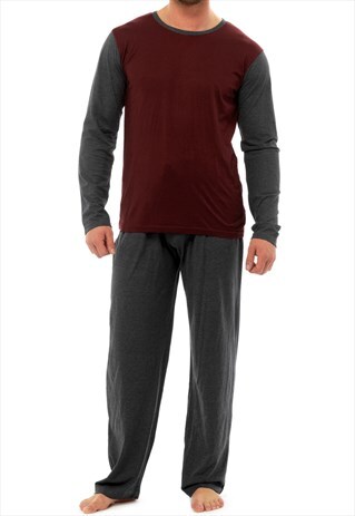 MENS PYJAMAS SETS PJ'S NIGHTWEAR BURGUNDY GREY 'ROYALE'