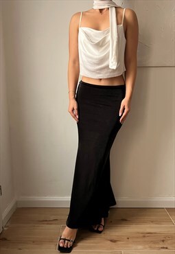 Vintage beautiful low waisted maxi slip skirt in shiny black
