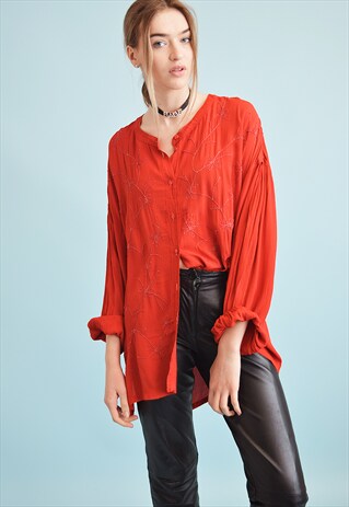 90'S RETRO FLORAL EMBROIDERY OVERSIZED MOMS SHIRT TUNIC TOP