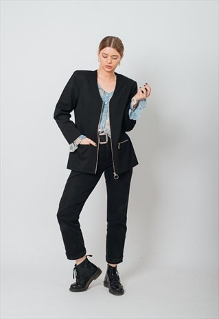 VINTAGE Y2K MINIMAL V-NECK ROUND ZIP TEXTURED BLACK JACKET