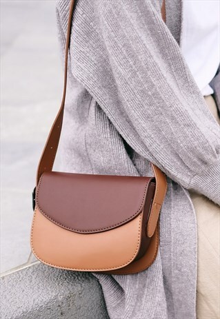 TWO TONE BOX BAG SHOULDER BAG CROSS BODY BAG - BROWN