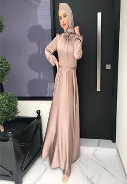 Beige Satin Belted Long Sleeve Modest Abaya Maxi Dress