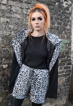 Leopard fleece shorts handmade animal print cargo overalls