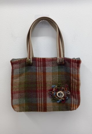 Handmade Floral Applique Tartan Bag Burgundy Multi