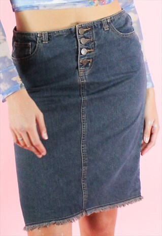 VINTAGE 90S PENCIL DENIM SKIRT Y2K DARK BLUE KNEE LENGTH