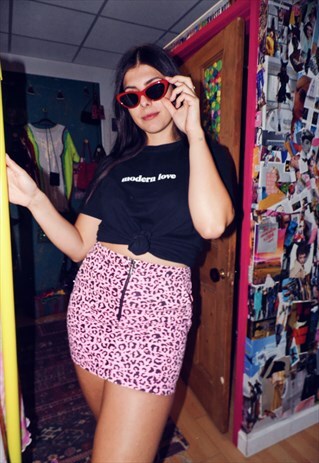 LEOPARD PRINT SKIRT PINK BLACK DENIM MINI SKIRT ZIP FUNKY