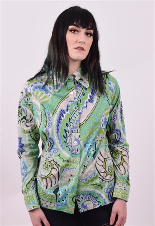VINTAGE 70'S GREEN DAGGER COLLAR SHIRT SIZE 10 12 14