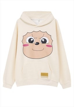 Cartoon hoodie animal print pullover anime top in cream