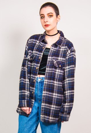VINTAGE 90'S BLUE CHECKED THICK FLANNEL LONG SLEEVE SHIRT