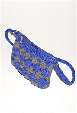 Vintage Y2K checkered crochet shoulder bag in blue / grey