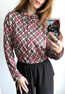 Checkered Colorful Preppy Long Sleeve Ladies Shirt Top XL