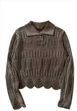 Cropped cable sweater vintage wash knitwear jumper in brown