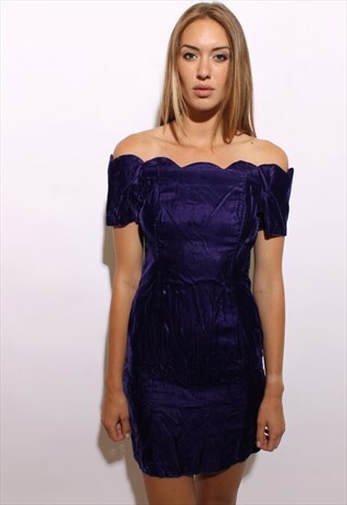 VINTAGE 1980'S 80'S PURPLE VELVET SCALLOPED FITTED DRESS S-M