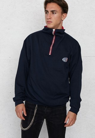 VINTAGE NAVY AND RED 1/4 ZIP PULLOVER SWEATSHIRT