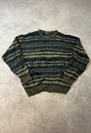 VINTAGE KNITTED JUMPER ABSTRACT PATTERNED GRANDAD SWEATER