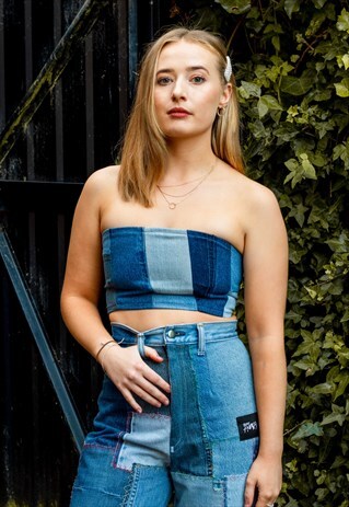 JUST HARRY PANELLED BOOB TUBE IN REWORKED DENIM