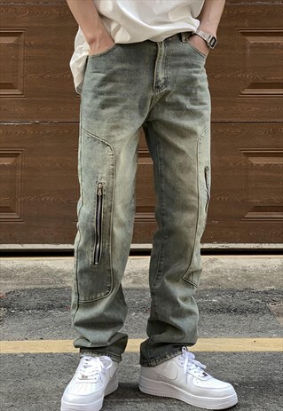 BLUE WASHED CARGO DENIM JEANS PANTS TROUSERS