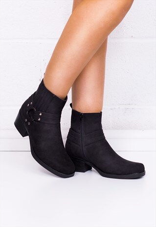 SPIDER COWBOY WESTERN BLOCK HEEL ANKLE BOOTS SHOES - BLACK