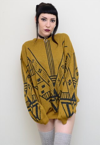 VINTAGE 90'S RETRO MUSTARD ABSTRACT PATTERNED SLOUCHY JUMPER