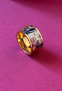 Multi Coloured Cocktail Vintage Ring, Yellow Gold Plated