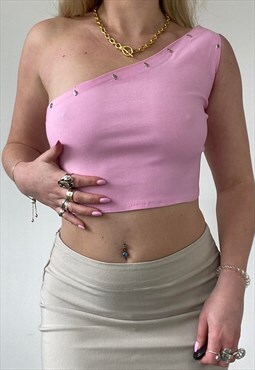 Early 00s baby pink cropped one shoulder top